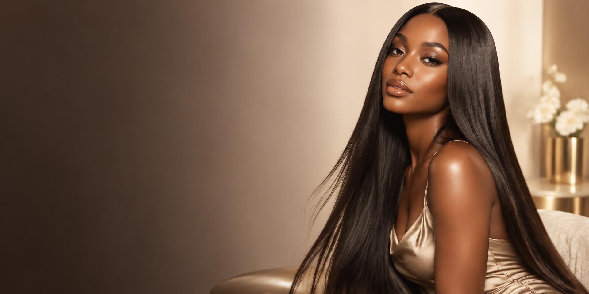 Woman wearing a long, glossy straight wig